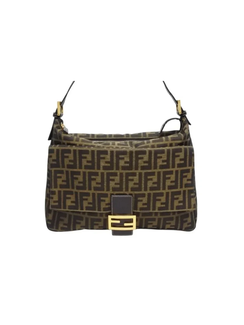Fendi Mamma Baguette Handbag Zucca Pattern Brown Leather Canvas Gold